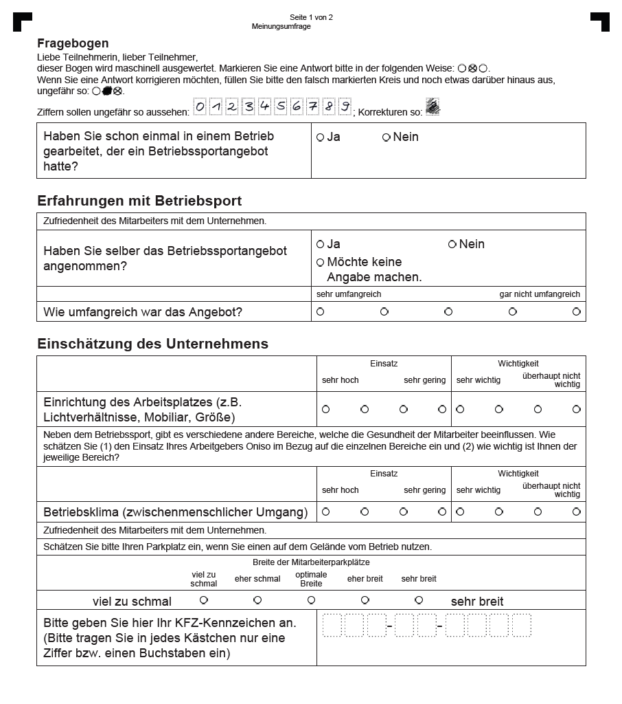 Bildschirmfoto eines Papier-Fragebogens zur automatischen Erfassung